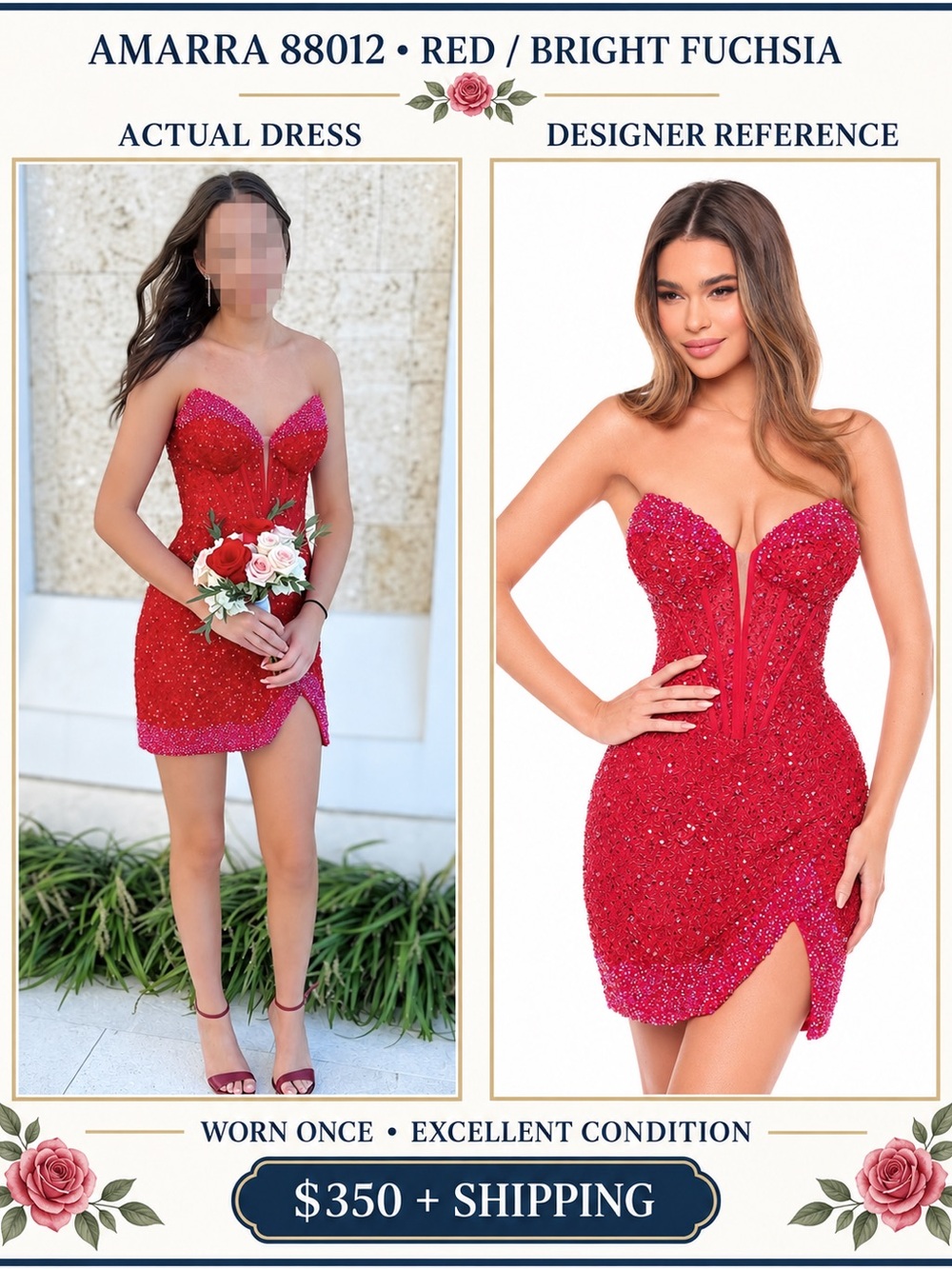 Amarra Red/Fuchsia Beaded Strapless Mini Dress